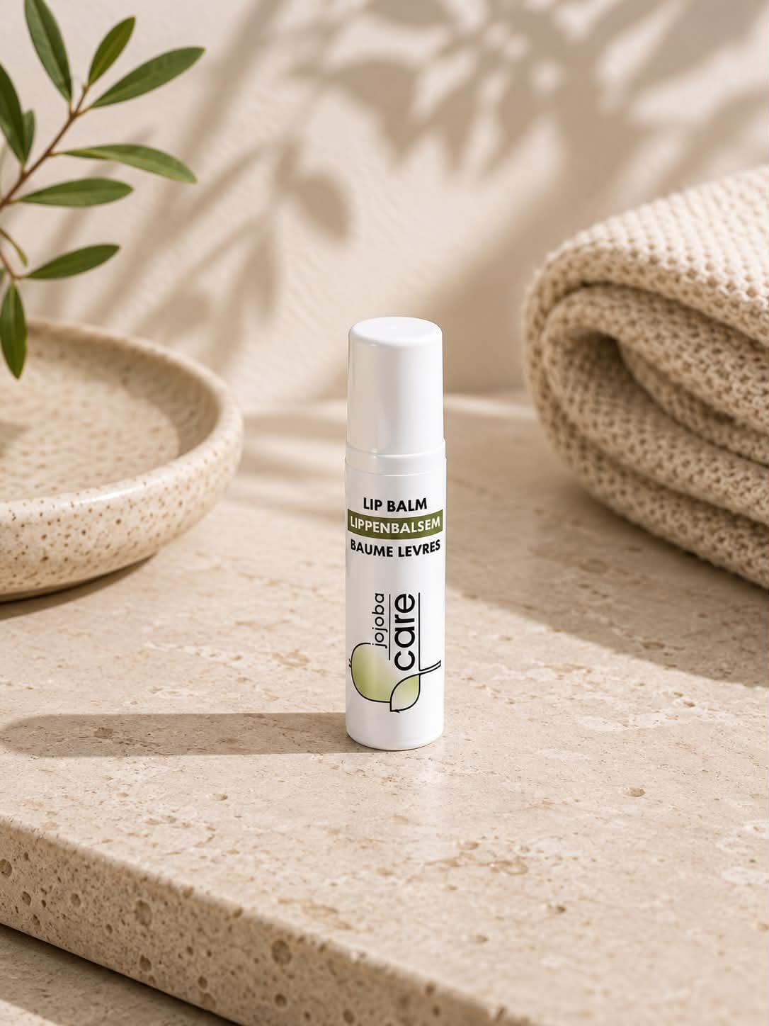 Baume à lèvres Jojoba Care hydratant dans un flacon blanc sur un comptoir en pierre.
