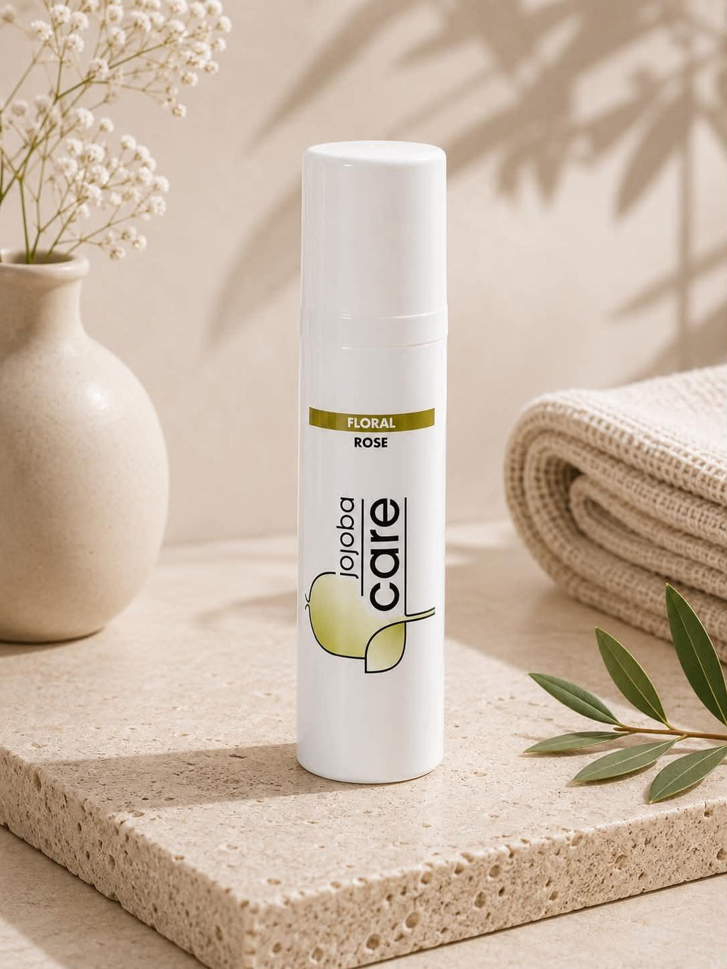 Soin visage Jojoba Care Floral Rose en flacon blanc sur socle naturel.