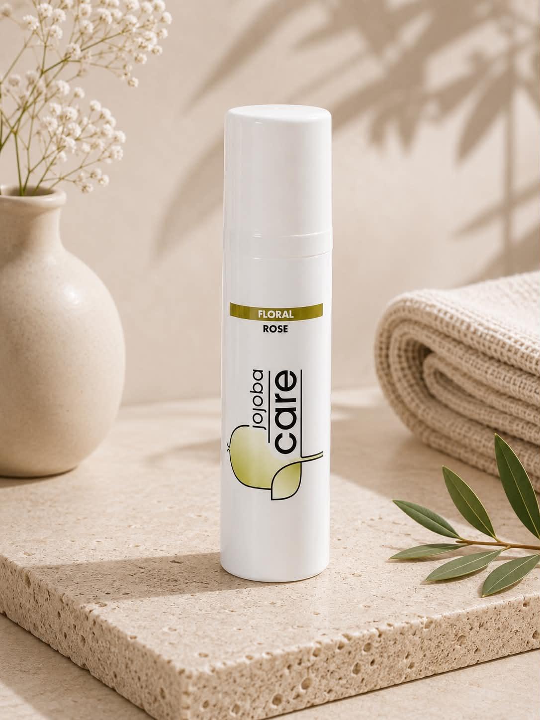 Soin visage Jojoba Care Floral Rose en flacon blanc sur socle naturel.