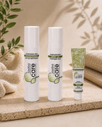 Gamme de soins Jojoba Care : lait nettoyant, gel contour des yeux et crème purifiante.