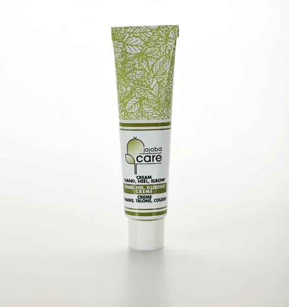 Tube de crème Jojoba Care pour mains, talons et coudes sur fond blanc.