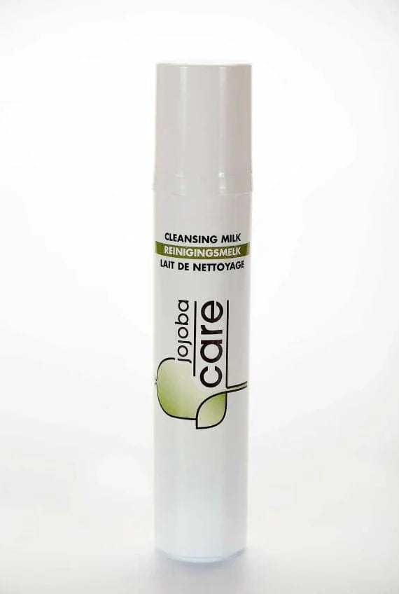 Flacon de lait nettoyant Jojoba Care pour le soin de la peau.