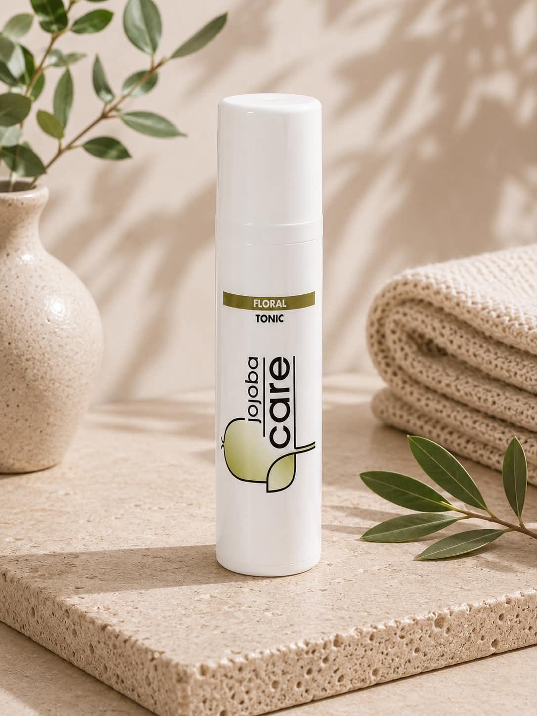 Flacon de soin Floral Tonic Jojoba Care posé sur un socle naturel avec une plante.