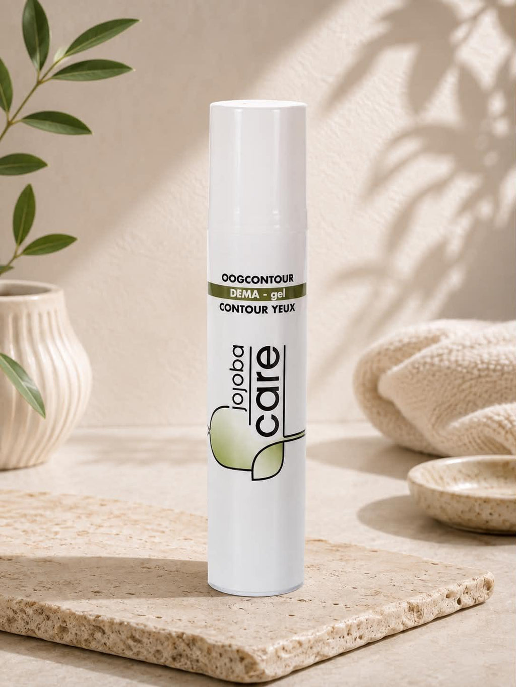 Soin contour des yeux Jojoba Care gel, flacon blanc pour routine beauté professionnelle.