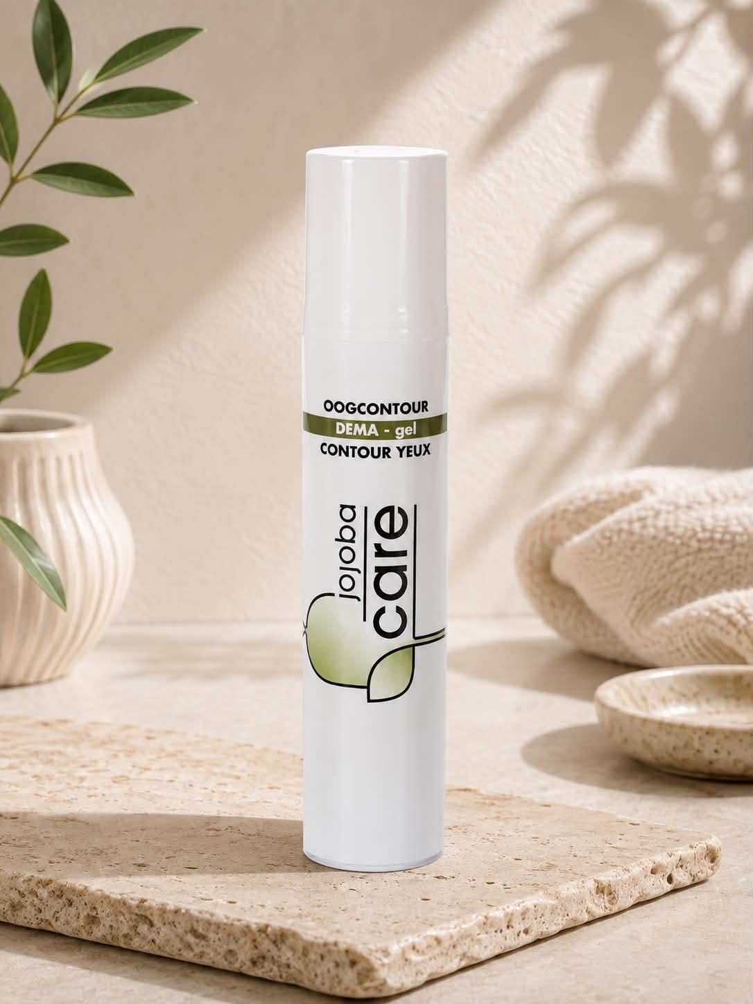 Soin contour des yeux Jojoba Care gel, flacon blanc pour routine beauté professionnelle.