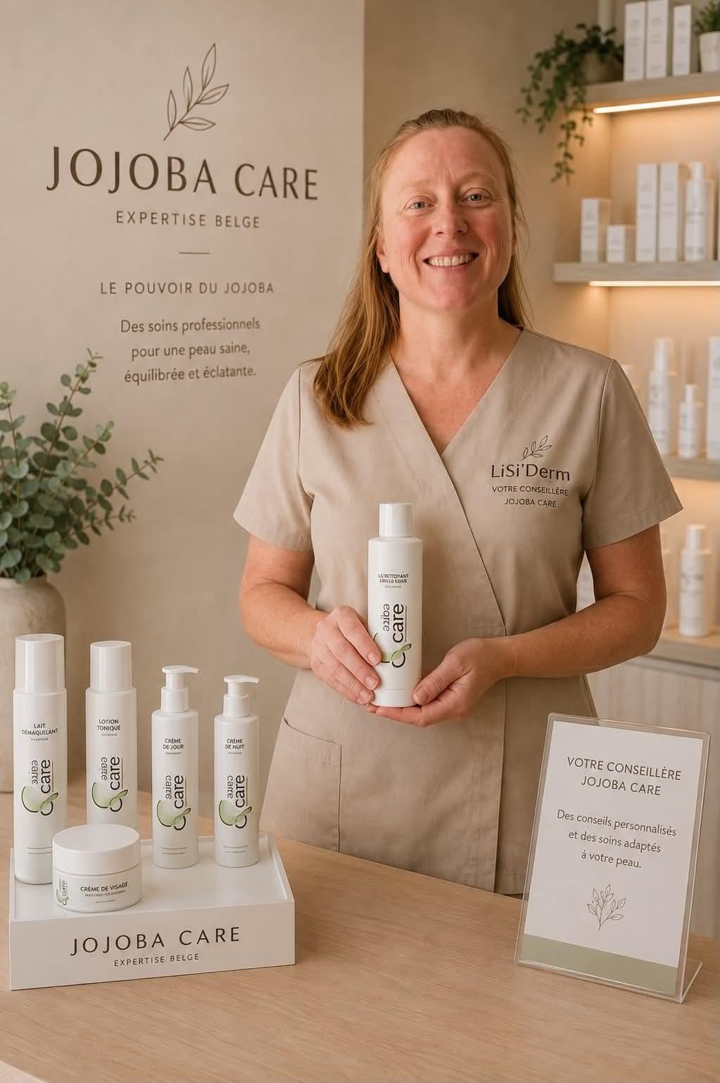 Conseillère beauté présentant la gamme de soins professionnels Jojoba Care sur un comptoir.